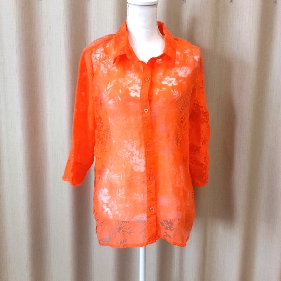 Tops - Coral button up with see through design